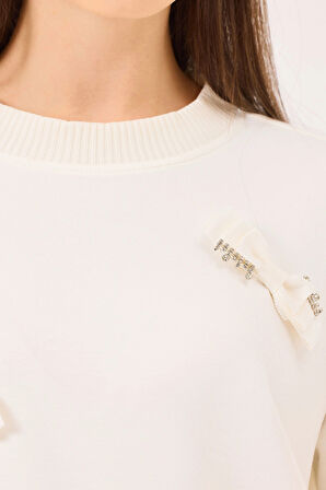 Seçil Kadın Yuvarlak Yaka Taş Detaylı Sweatshirt 1020 Ekru