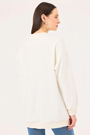Seçil Kadın Yuvarlak Yaka Taş Detaylı Sweatshirt 1020 Ekru