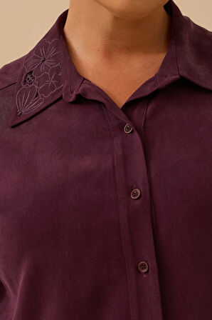 Galaxi Kadın Büyük Beden Çiçek İşlemeli Düğmeli Tunik 4009 Mürdüm