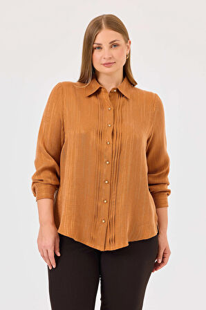 Galaxi Kadın Büyük Beden Plise Detaylı Düğmeli Gömlek 4027 Kiremit