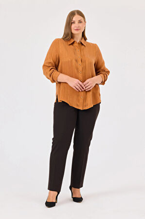 Galaxi Kadın Büyük Beden Plise Detaylı Düğmeli Gömlek 4027 Kiremit