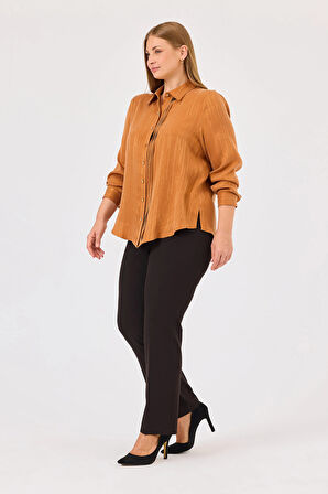 Galaxi Kadın Büyük Beden Plise Detaylı Düğmeli Gömlek 4027 Kiremit