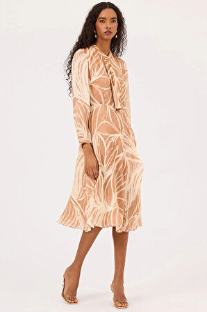 Seçil Kadın Desenli Fırfırlı Uzun Kollu Elbise 0024 Camel