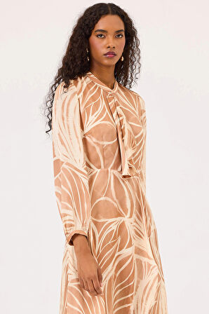 Seçil Kadın Desenli Fırfırlı Uzun Kollu Elbise 0024 Camel