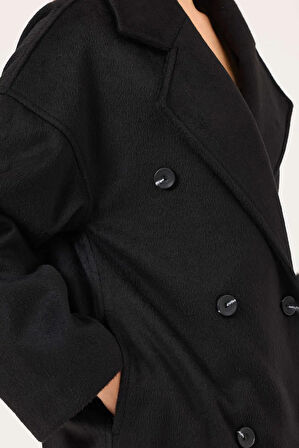 Kadın Kruvaze Yaka Düğmeli Kaban - Siyah | L