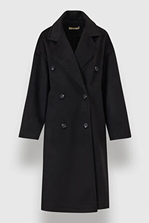 Kadın Kruvaze Yaka Düğmeli Kaban - Siyah | L