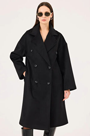 Kadın Kruvaze Yaka Düğmeli Kaban - Siyah | M