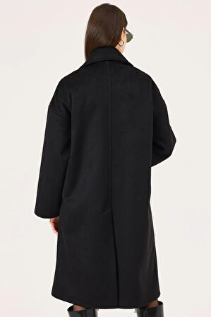 Kadın Kruvaze Yaka Düğmeli Kaban - Siyah | M