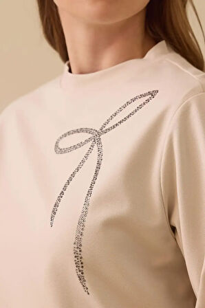 Kadın İşleme Detaylı Uzun Kollu Sweatshirt - Bej | L