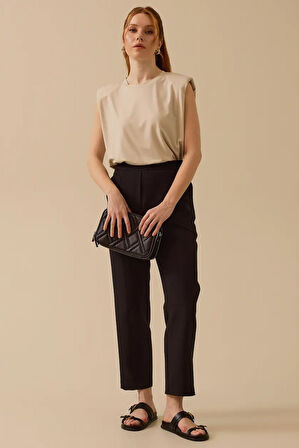 Kadın Elastik Bel Dar Paça Dokuma Kumaş Pantolon - Siyah | 40