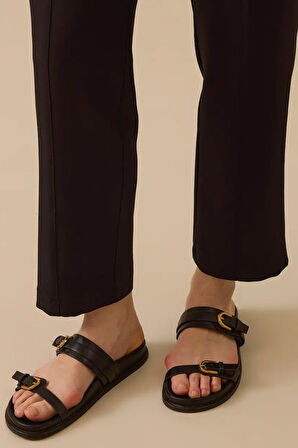 Kadın Elastik Bel Dar Paça Dokuma Kumaş Pantolon - Siyah | 40