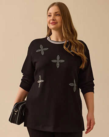 Gala-xi Kadın Büyük Beden Taş Detaylı Sweatshirt 10002512314002