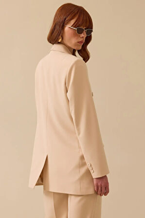 Kadın Kruvaze Yaka Düğmeli Uzun Ceket - Krem | 42