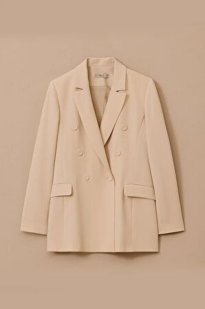 Kadın Kruvaze Yaka Düğmeli Uzun Ceket - Krem | 42