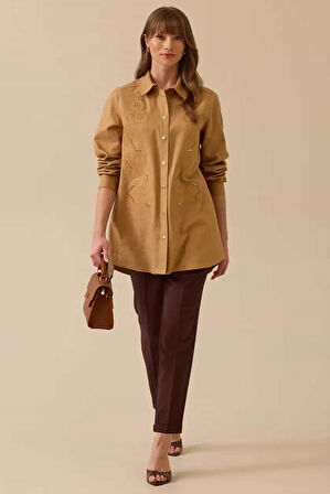 Kadın Nakış Detaylı Baskılı Ceket - Camel | 38