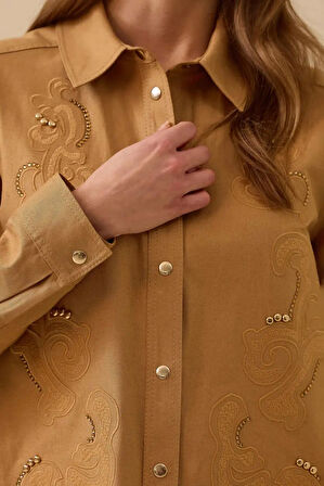 Kadın Nakış Detaylı Baskılı Ceket - Camel | 38