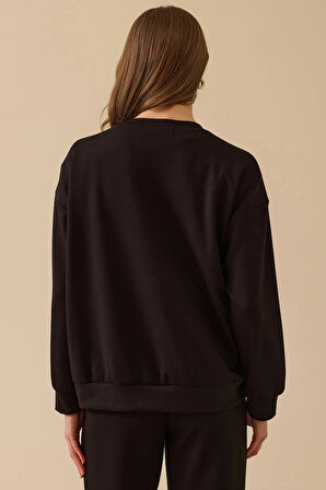 Seçil Kadın Yuvarlak Yaka Taş İşlemeli Sweatshirt 0001 Siyah