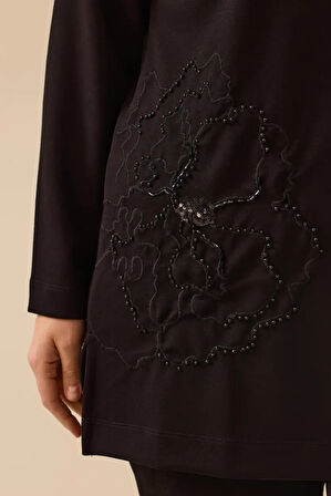 Kadın Büyük Beden Çiçek İşlemeli Sweatshirt - Siyah | 48