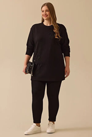 Kadın Büyük Beden Çiçek İşlemeli Sweatshirt - Siyah | 48