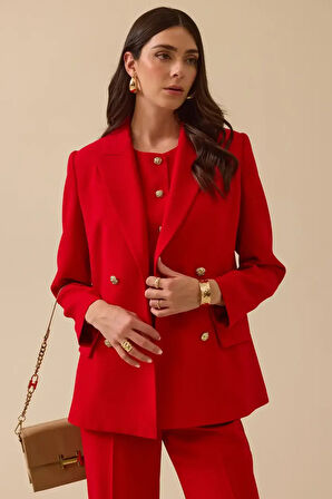 Kadın Gold Düğme Detaylı Kruvaze Blazer Ceket - Kırmızı | 40