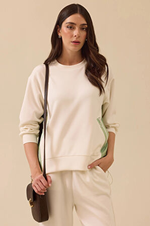 Seçil Kadın Çift Kumaşlı Cepli Beli Büzgülü Sweatshirt 0003 Ekru