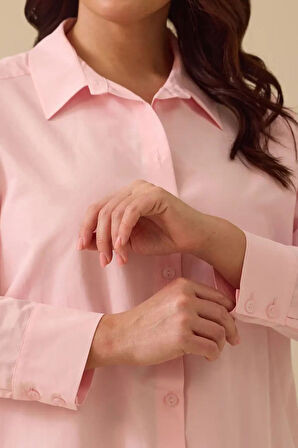 Kadın Büyük Beden Klasik Kesim Düğmeli Gömlek - Pembe | 46