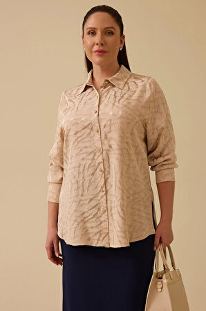 Galaxi Kadın Büyük Beden Jakarlı Düğmeli Gömlek 4011 Bej