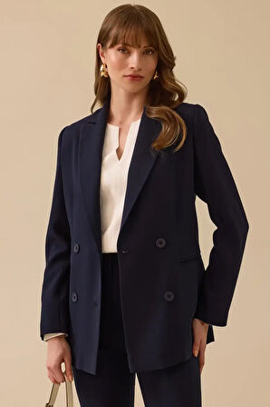 Kadın Kruvaze Yaka Düğmeli Astarlı Ceket - Lacivert | 42