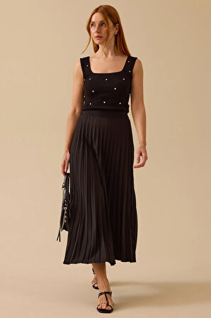 Seçil Kadın Elastik Bel Pliseli Etek 1011 Siyah