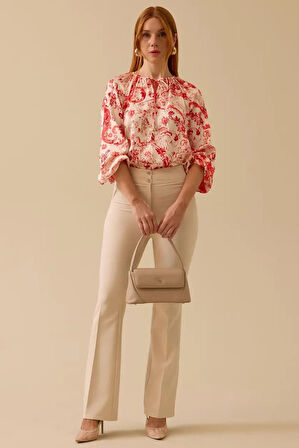 Kadın Düğme Detaylı İspanyol Paça Pantolon - Bej | 42