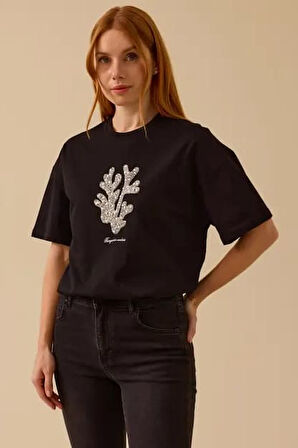 Kadın Taş Detaylı Baskılı T-Shirt - Siyah | S