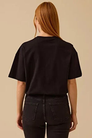 Kadın Taş Detaylı Baskılı T-Shirt - Siyah | S