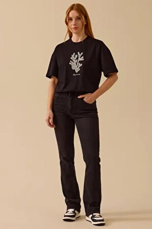 Kadın Taş Detaylı Baskılı T-Shirt - Siyah | S