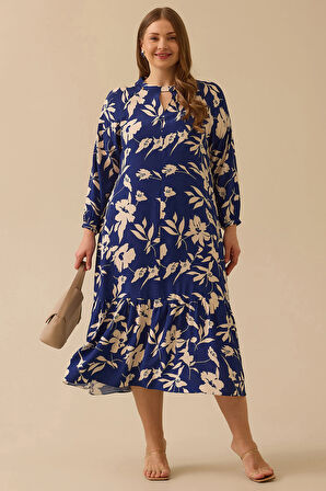 Galaxi Kadın Büyük Beden Desenli Fırfır Detaylı Elbise 4008 Lacivert