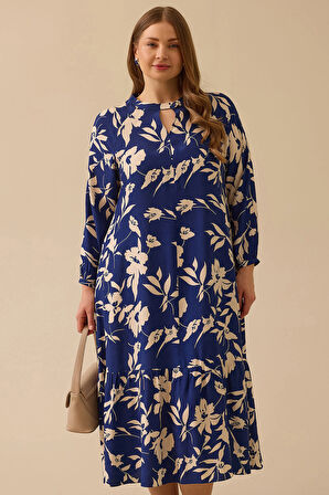 Galaxi Kadın Büyük Beden Desenli Fırfır Detaylı Elbise 4008 Lacivert