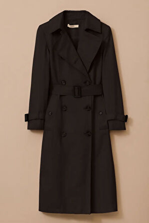 Kadın Kemerli Cep Detaylı Düğmeli Trençkot - Siyah | 38