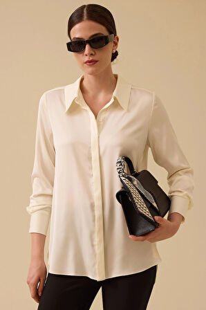 Seçil Kadın Gizli Düğmeli Saten Gömlek 0038 Ekru