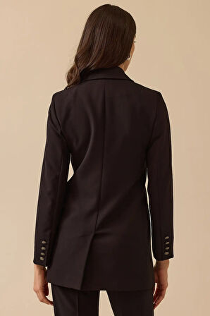 Kadın Düğmeli Klasik Kesim Blazer Ceket - Siyah | 44