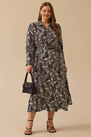 Galaxi Kadın Büyük Beden Desenli Kuşaklı Saten Elbise 4016 Siyah