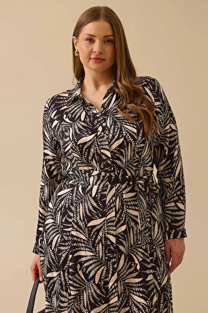 Galaxi Kadın Büyük Beden Desenli Kuşaklı Saten Elbise 4016 Siyah