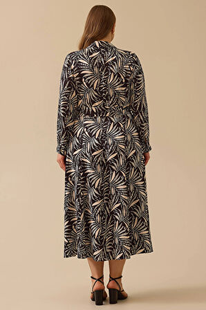 Galaxi Kadın Büyük Beden Desenli Kuşaklı Saten Elbise 4016 Siyah