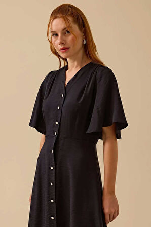 Kadın Düğme Detaylı Volan Kol Midi Elbise - Siyah | 38