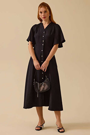 Kadın Düğme Detaylı Volan Kol Midi Elbise - Siyah | 38