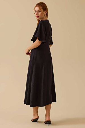 Kadın Düğme Detaylı Volan Kol Midi Elbise - Siyah | 38