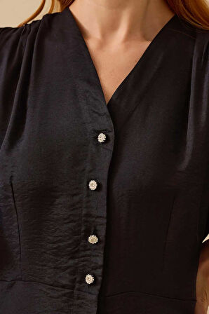 Kadın Düğme Detaylı Volan Kol Midi Elbise - Siyah | 38