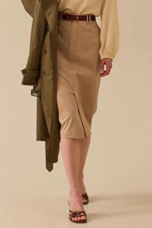 Kadın Yırtmaç Detaylı Cepli Etek - Camel | 42