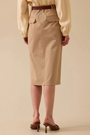 Kadın Yırtmaç Detaylı Cepli Etek - Camel | 42