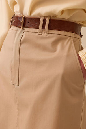 Kadın Yırtmaç Detaylı Cepli Etek - Camel | 42