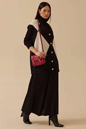 Kadın Blok Geçişli Düğmeli Triko Hırka - Siyah | STD