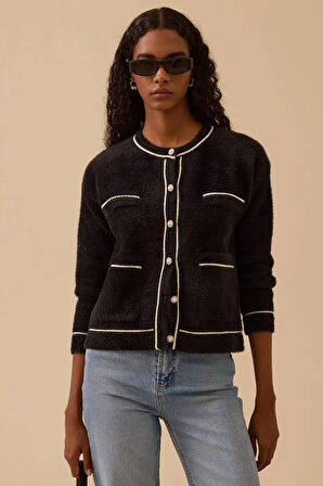 Kadın Düğmeli Biye Detaylı Triko Hırka - Siyah | S